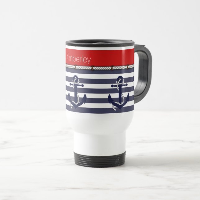 Mug De Voyage Nom personnalisé Ancres nautiques Motif de bandes (Devant droit)