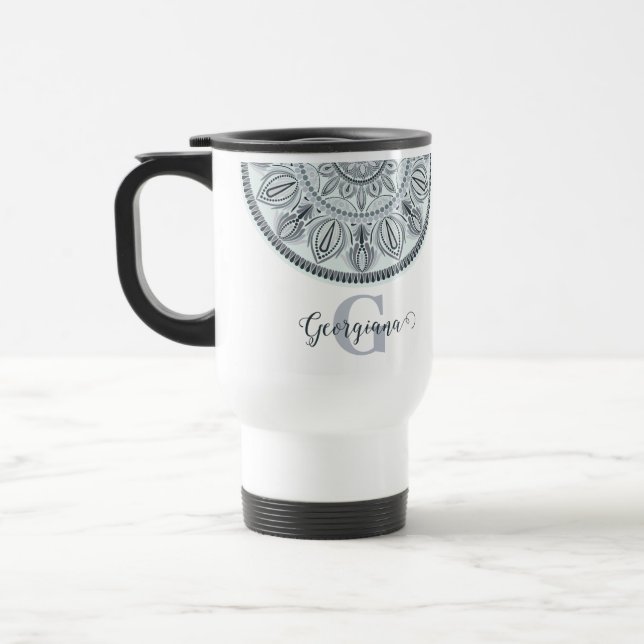 Mug De Voyage Nom personnalisé Harmonie Florale Gris Monotone Ma (Gauche)