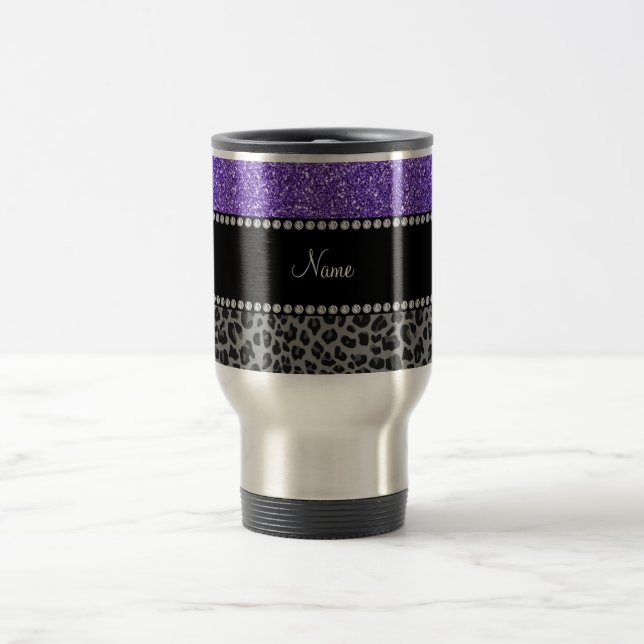 Mug De Voyage Nom personnalisé parties scintillant violet léopar (Centre)