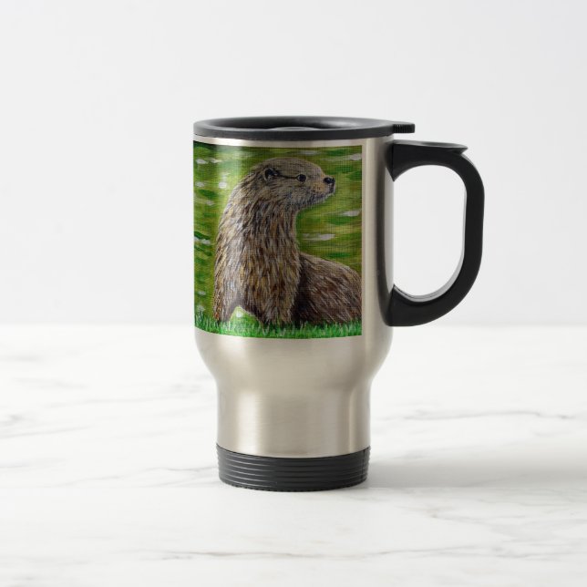 Mug De Voyage Otter sur une peinture de rive d'une rivière (Droit)