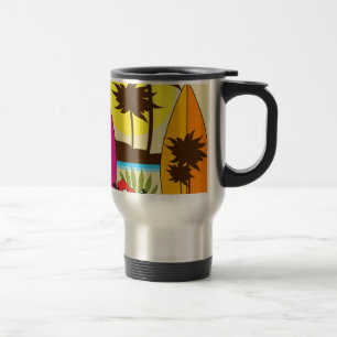 Mug De Voyage Palmier surfant de planches de surf de plage