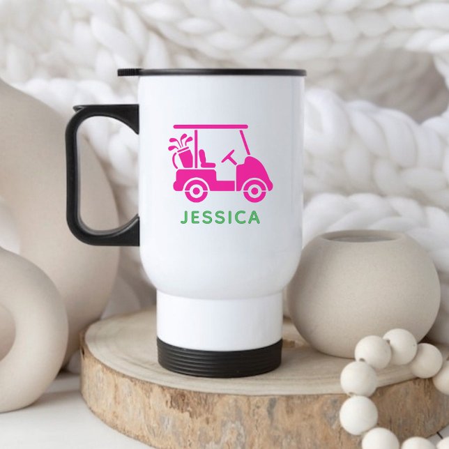 Mug De Voyage Panier de golf personnalisé rose mignon (Cute Pink Personalized Golf Cart Travel Mug)