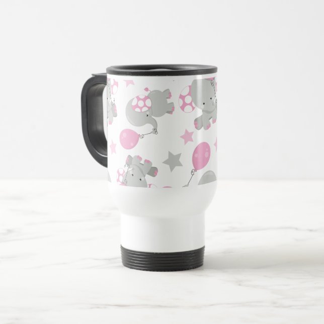 Mug De Voyage Pattern of Elephants, Cute Elephants - Pink Gray (Devant gauche)