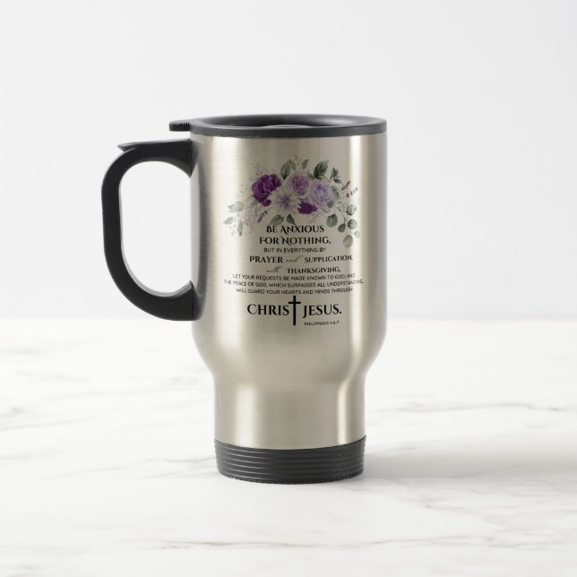 Mug De Voyage Philippiens 4:6-7 Écriture Fleurs violettes pourpr (Gauche)