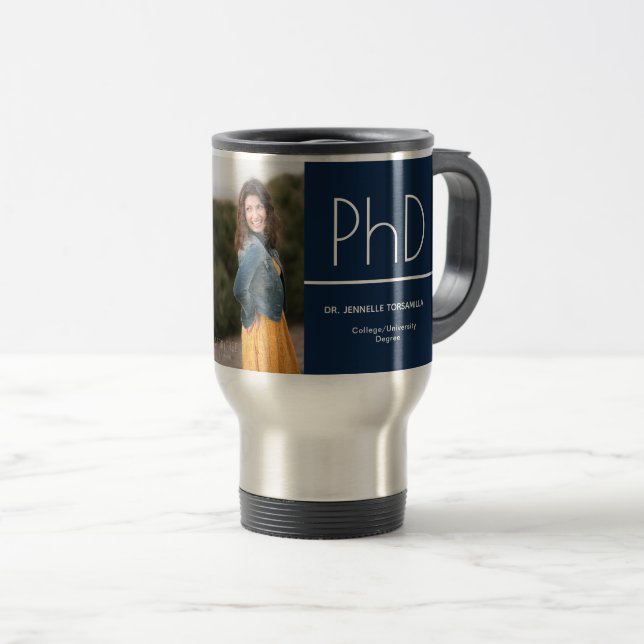 Mug De Voyage Photo de doctorat Blue White Graduation (Devant droit)