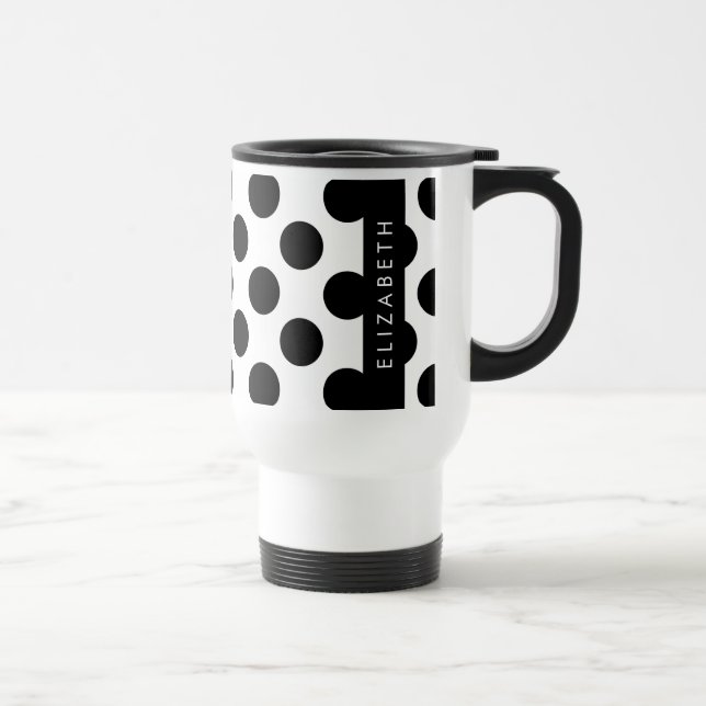 Mug De Voyage Pois noirs et blancs, pointillés, Votre nom (Droite)