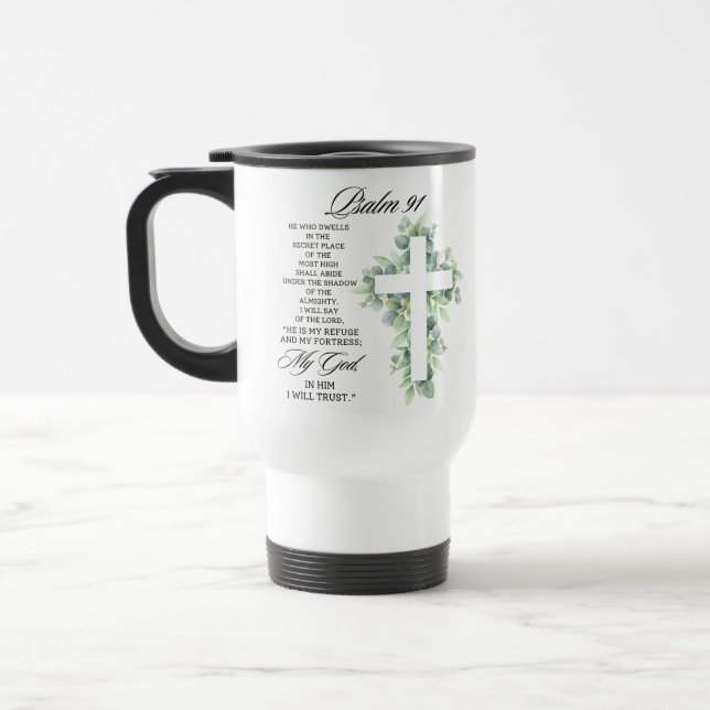 Mug De Voyage Psalm 91:1-2 Religious Cross Greenery Bible Verse (Gauche)