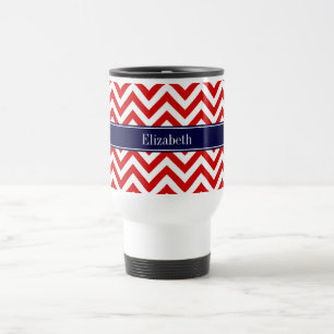Mug De Voyage Rouge Blanc LG Chevron Marine Nom bleu Monogramme