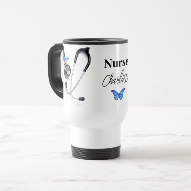 Mug De Voyage Stethoscope Bleu papillon Infirmière Docteur (Devant gauche)