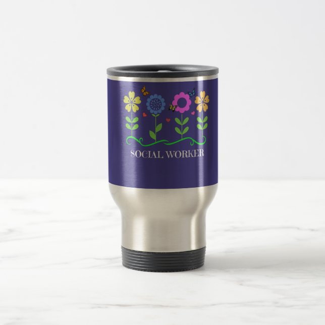 Mug De Voyage "Travailleur Social", Fleurs Graphiques De Printem (Centre)