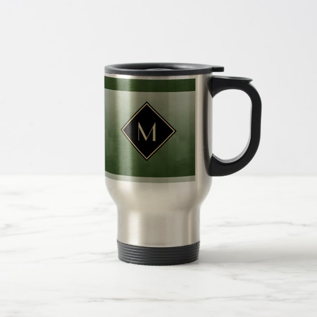 Mug De Voyage Vert Brossé Élégant Avec Monogramme Or Simple (Droit)