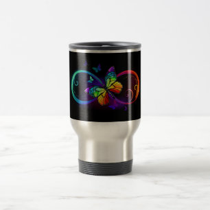 Mug De Voyage Vibrant infinity with rainbow butterfly on black