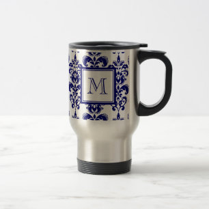 Mug De Voyage Votre monogramme, motif 2 de damassé de bleu