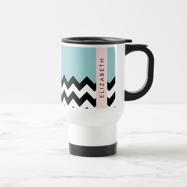 Mug De Voyage Zigzag noir et blanc, Chevron, Bleu, Votre nom (Droite)