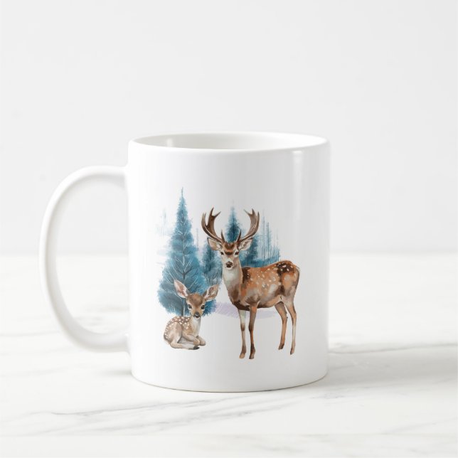 Mug Deer and doe with snowy pine tree (Gauche)