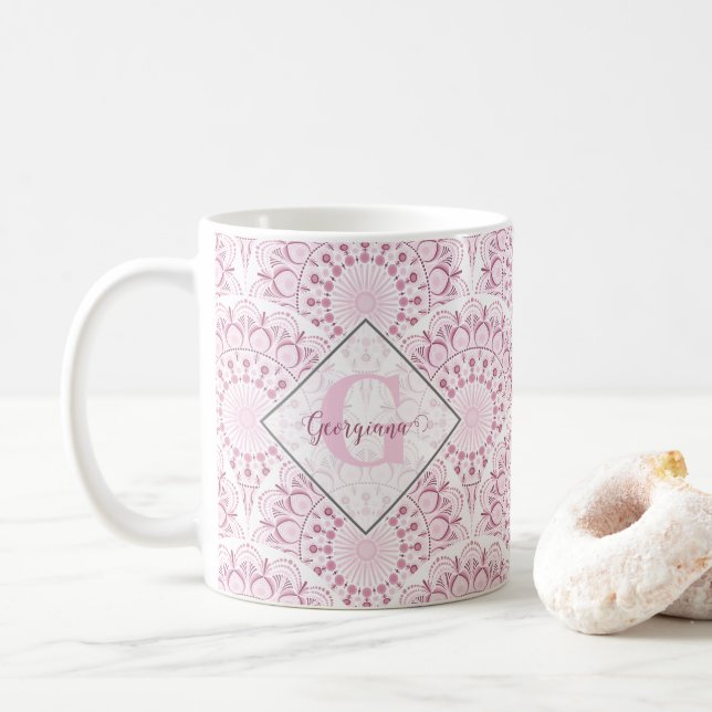 Mug Dentelle de Confetti Rose Art Déco personnalisée M (Avec donut)