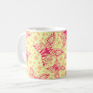 Mug dentelle papillons carmin sur fond pois jaunes