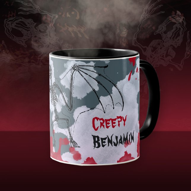 Mug Déplaisant Halloween Bat Skeleton Votre Nom (Creepy Halloween Bat Skeleton Your Name Mug ©Susanne Sachers - Sunny Mind Design 🌞)