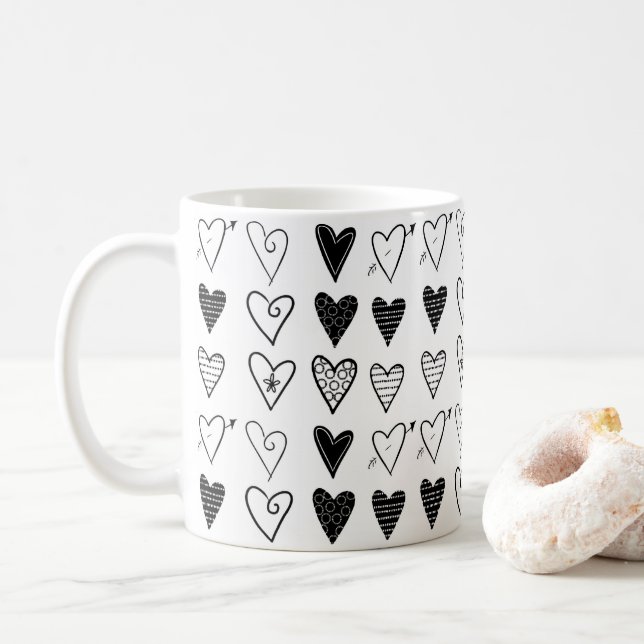 Mug des Coeurs Noir et Blanc (Avec donut)