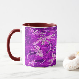 Mug Des libellules argentées sur un ciel magenta magiq