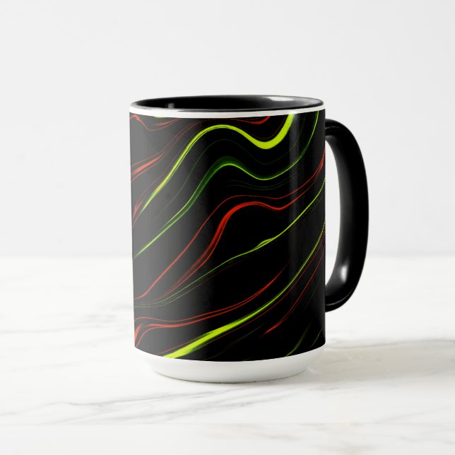 Mug Des traces ondulées vertes et rouges sur fond noir (Devant droit)
