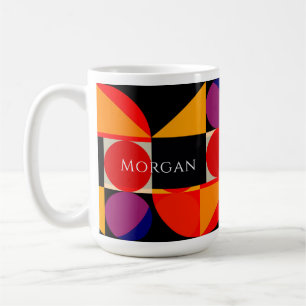 Mug Design géométrique, rouge orange violet noir, nom