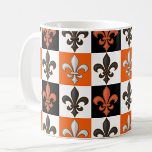 Mug Design Orange Noir Blanc À damiers Fleur de lis
