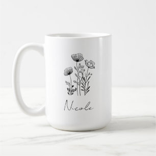 Mug Dessin à main noir fleur sauvage nom personnalisé