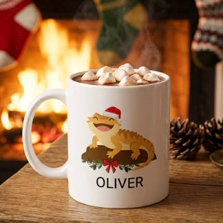 Mug Dessin animé de Noël Dragon barbu Nom personnalisé