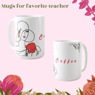 Mug Dessin d'art en ligne pour femme, texte de café