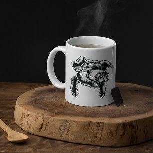 Mug Dessin d'un tête de cochon d'élevage en noir et bl