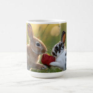 Mug Deux bébés lapins partageant une grosse fraise mûr