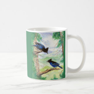 Mug Deux oiseaux geai stellaire à l'aquarelle arbres f