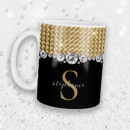 Mug Diamants Or noir élégant Monogramme brillant Perso