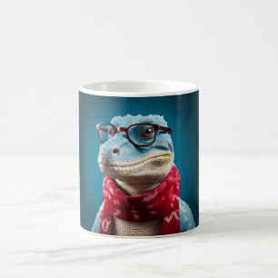 Mug dinosaure bleu portant une écharpe de Noël