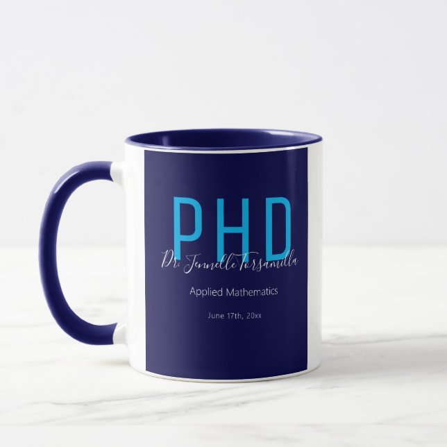 Mug Diplômé bleu Nom Diplôme PhD (Gauche)