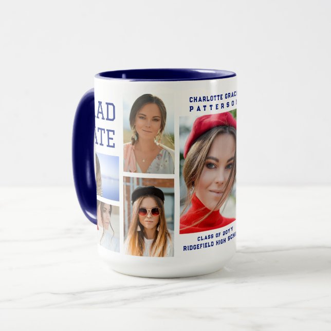 Mug Diplômé en multi-photo de script moderne (Devant gauche)