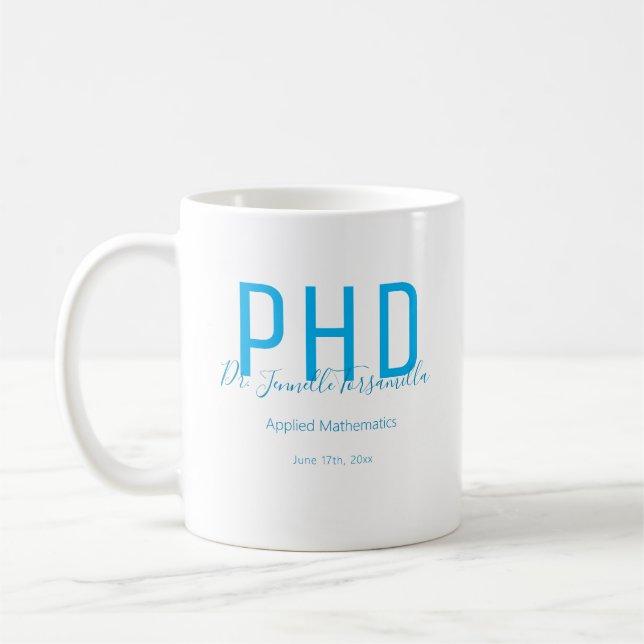 Mug Diplômé Keepsaké Blanc Bleu Nom Diplôme PhD (Gauche)