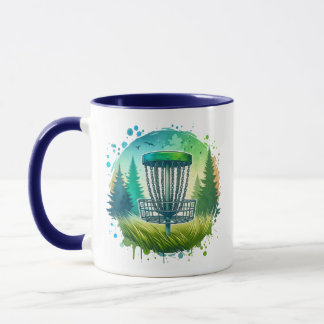 Mug Disque Golf Panier et Pins Arbres Bleu et Vert