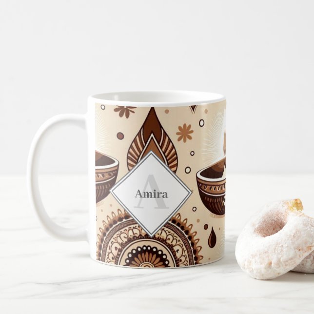Mug Diwali Diyas & Rangoli Gold & Bronze personnalisés (Avec donut)