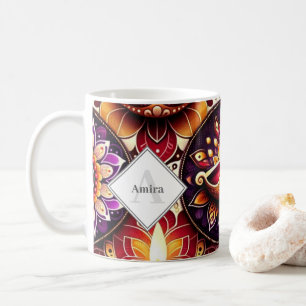 Mug Diwali personnalisé Diyas rouge et violet & Rangol