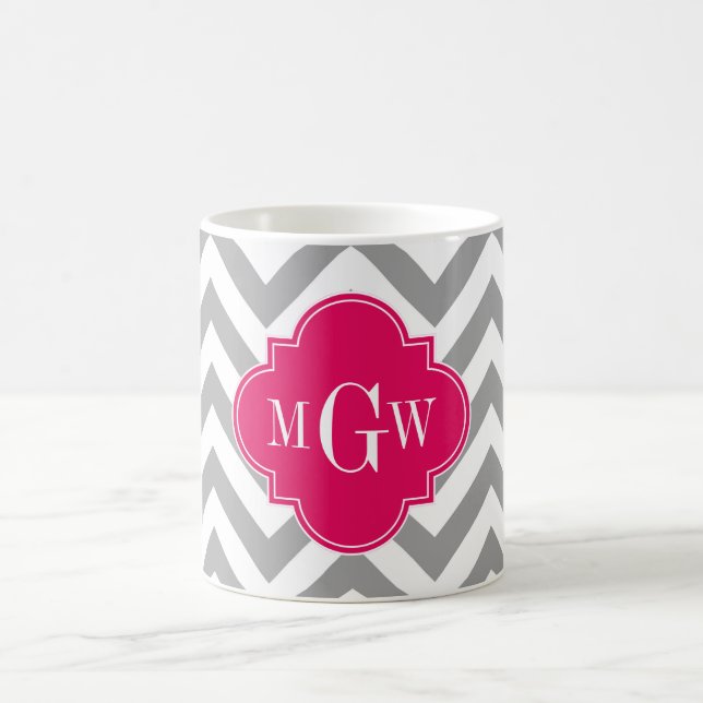 Mug Dk Grey Lg Chevron Raspberry Quatrefoil 3 Monogram (Centre)