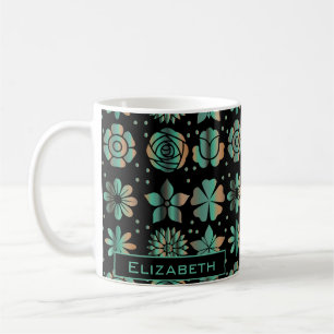Mug Doodle vert motif floral nom personnalisé