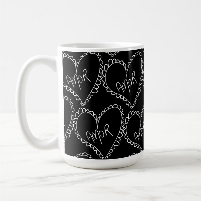 Mug Doodles Black Hearts Valentines Day Pink (Gauche)