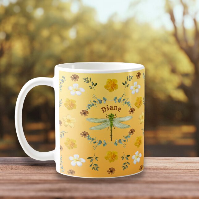 Mug Dragonfly en or, vert, Fleurs jaunes (Créateur téléchargé)