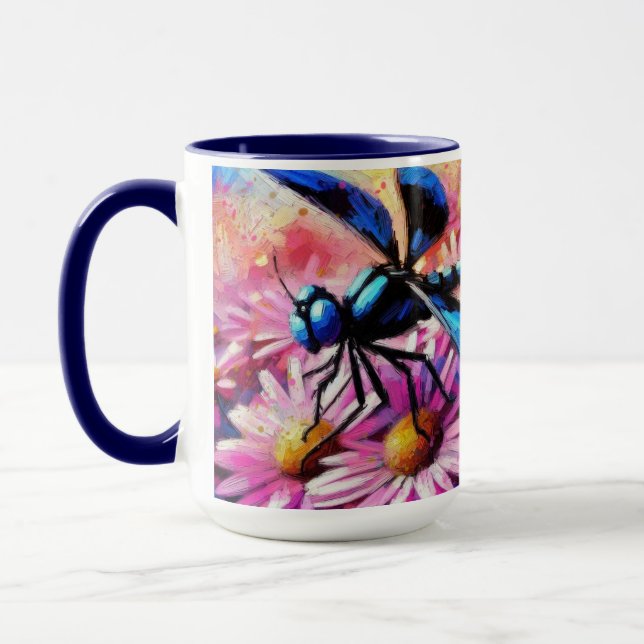 Mug Dragonfly impressionniste sur les marguerites rose (Gauche)