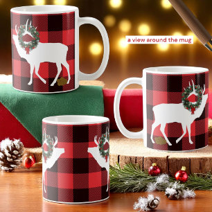 Mug Drôle Buffalo Plaid Elk Pooh et Silhouette Wreath