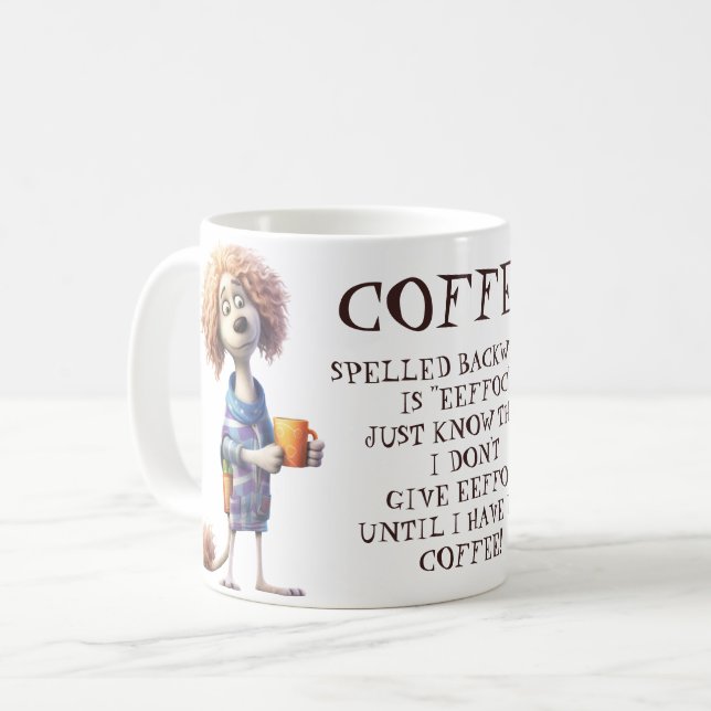 Mug Drôle Cartoon Café Chien épelé à l'envers (Devant gauche)