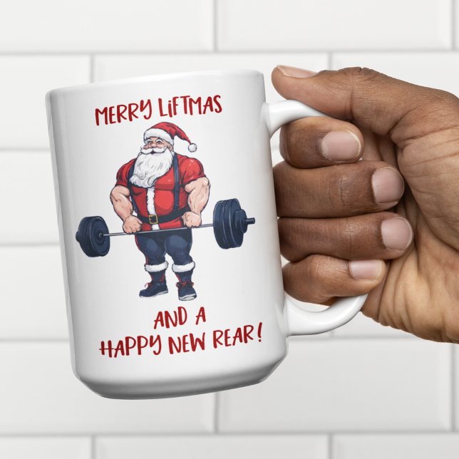Mug Drôle Fitness Noël Vies de Noël Barbell Père Noël (Fit Santa Claus has been hitting the weights! Merry Liftmas!)