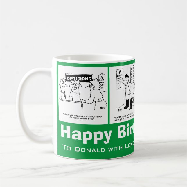 Mug Drôle Optométriste Optique Caricatures sur un anni (Gauche)